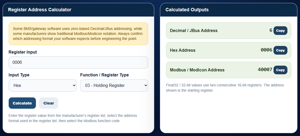 Screenshot of the Modbus tool showing the register address calculator and calculated outputs