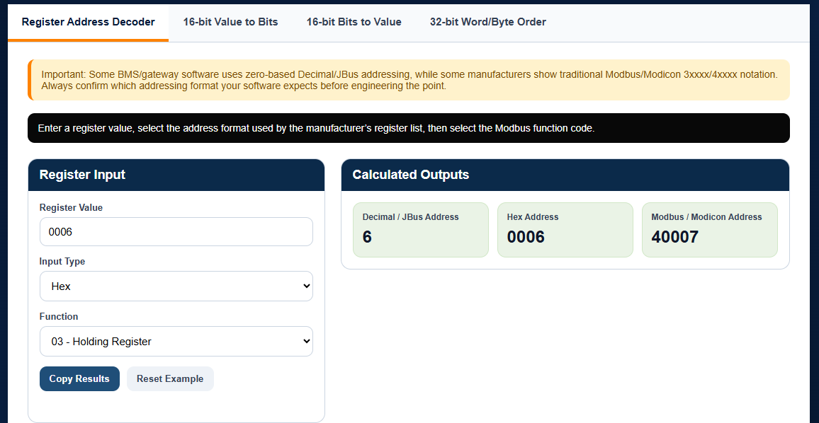 Register Address Decoder tab showing hex to decimal and Modbus address conversion